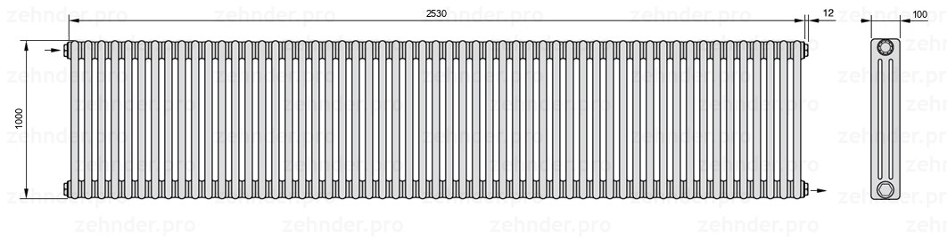Схема (чертеж) Радиатор Zehnder Charleston 3100/55 №1670 Белый глянцевый RAL 9016